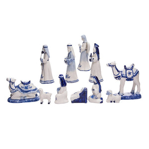 Porcelain Delft Blue Nativity Figures, Set of 11