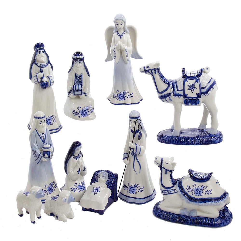 Porcelain Delft Blue Nativity Figures, Set of 11