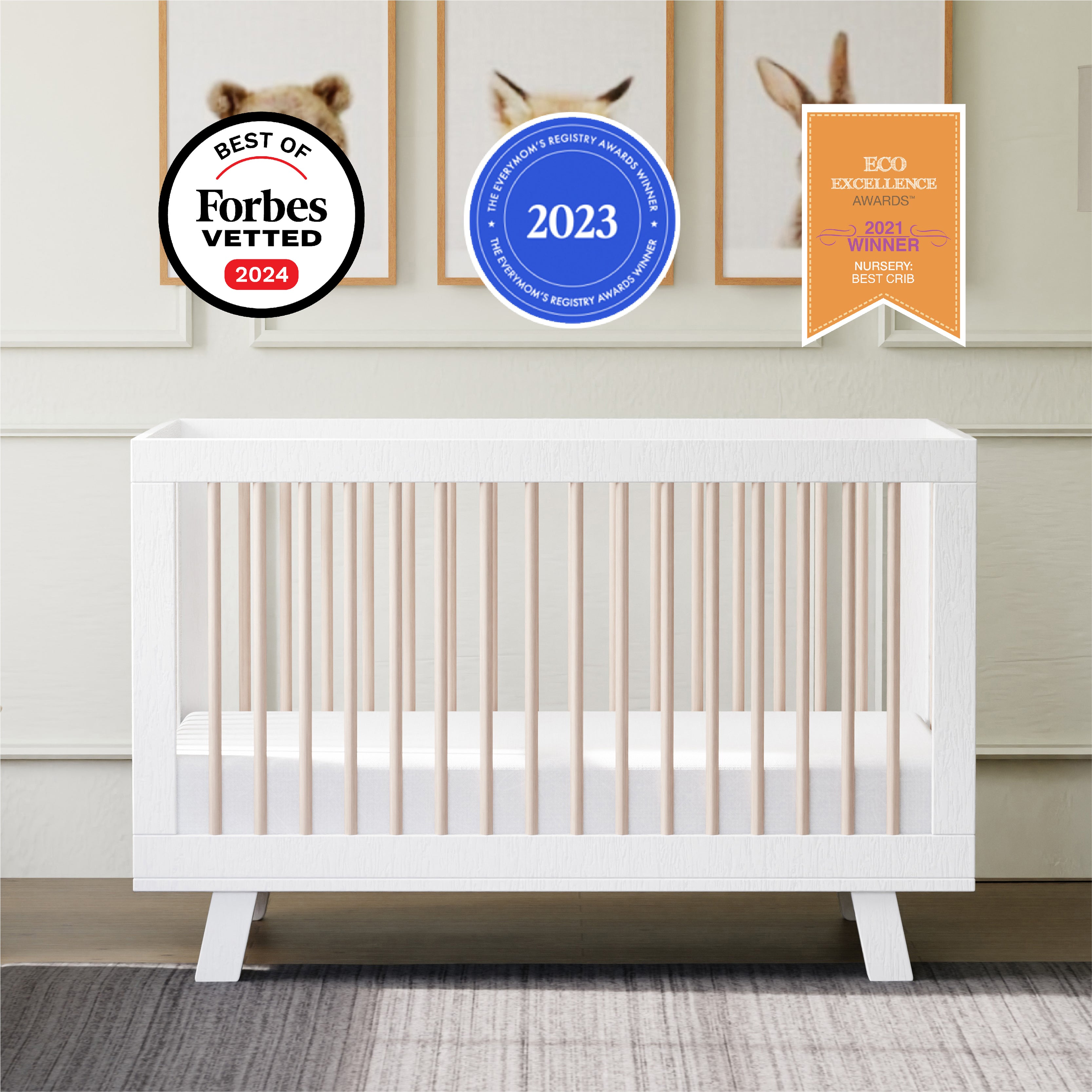 Hudson 3-in-1 Convertible Crib with Toddler Bed Conversion Kit in White & Washed Natural