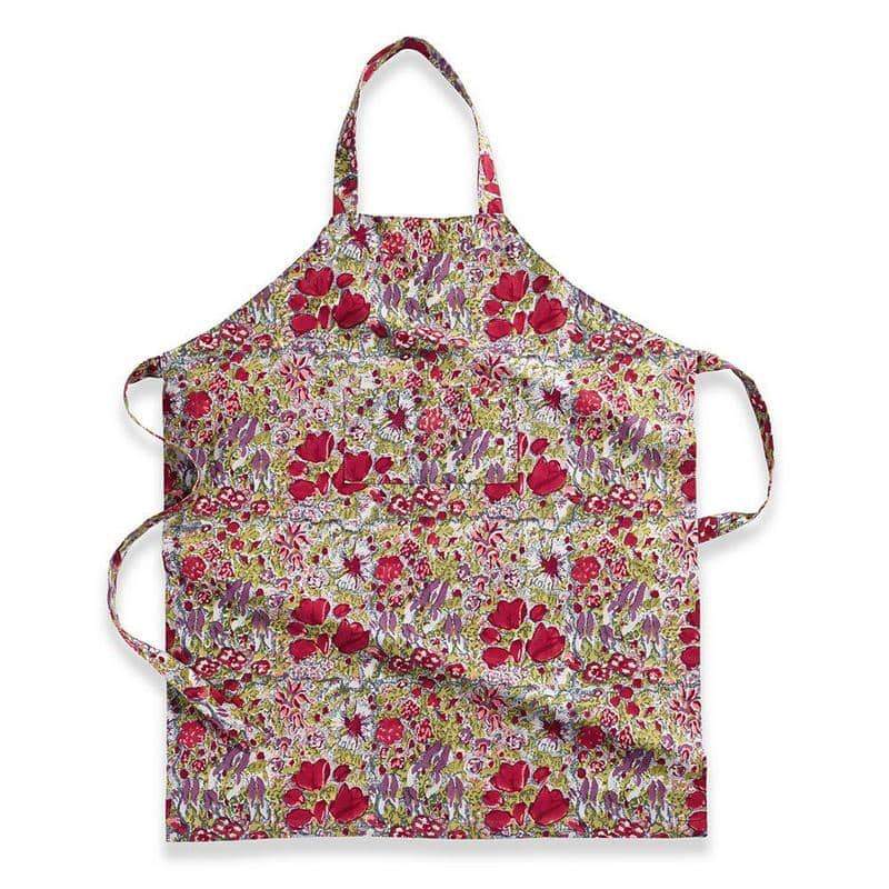 Front view of Jardin Apron Red and Grey showcasing its floral pattern, waist ties, and front pocket on a white background