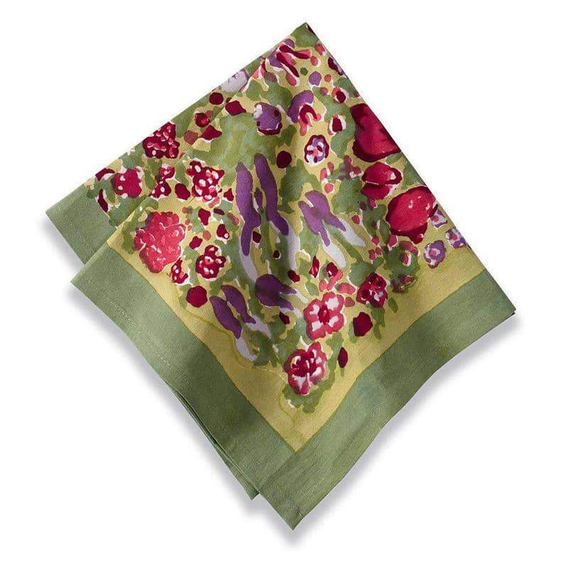 Angled view of Jardin Napkins Red & Green, Set of 6 showcasing a hand-painted floral pattern with a white background