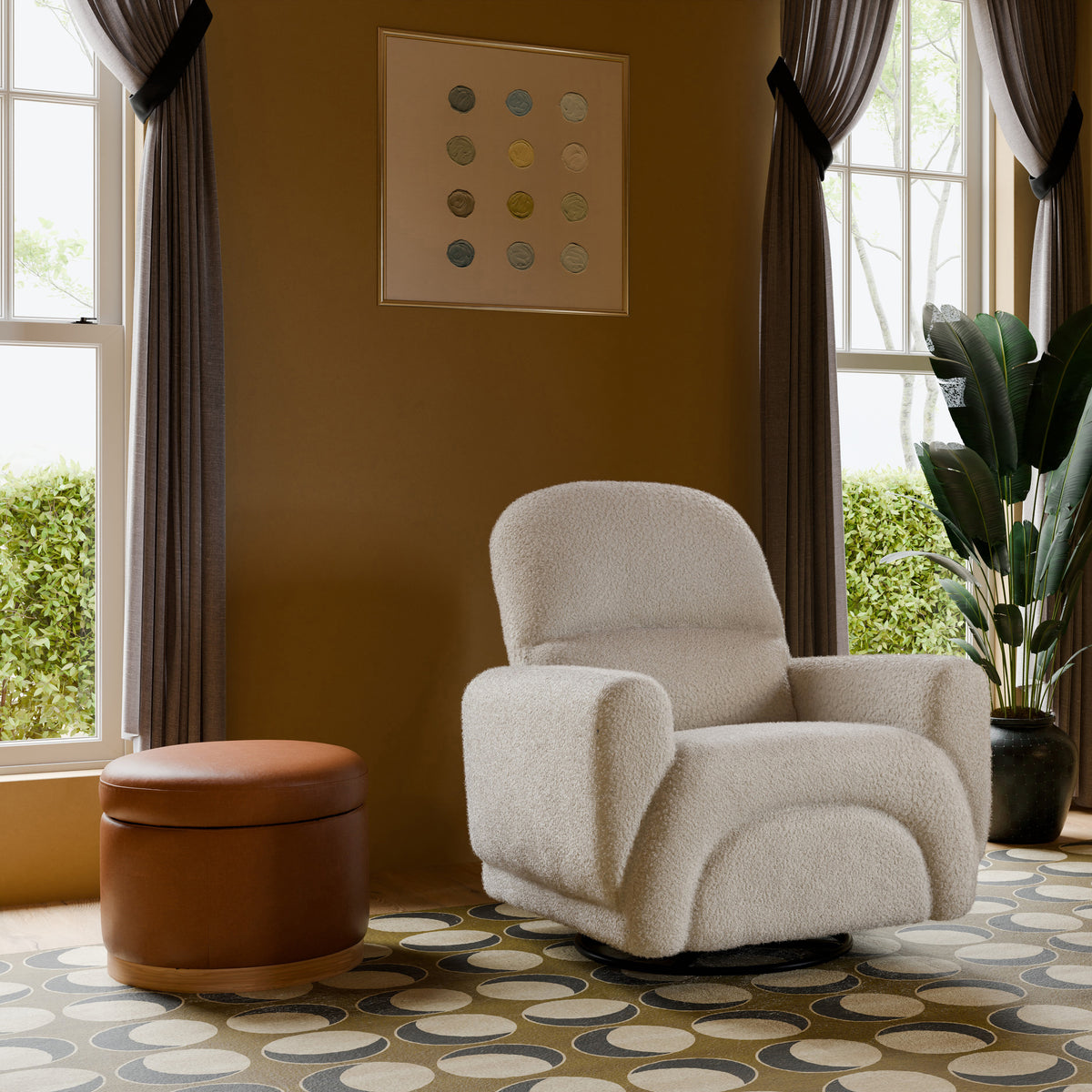 Naka Storage Ottoman in Vegan Leather in Vegan Tan Leather with Light Wood Base