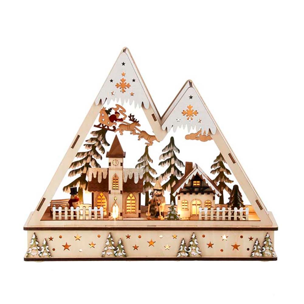 Wooden Light Up Mountain Village with Santa