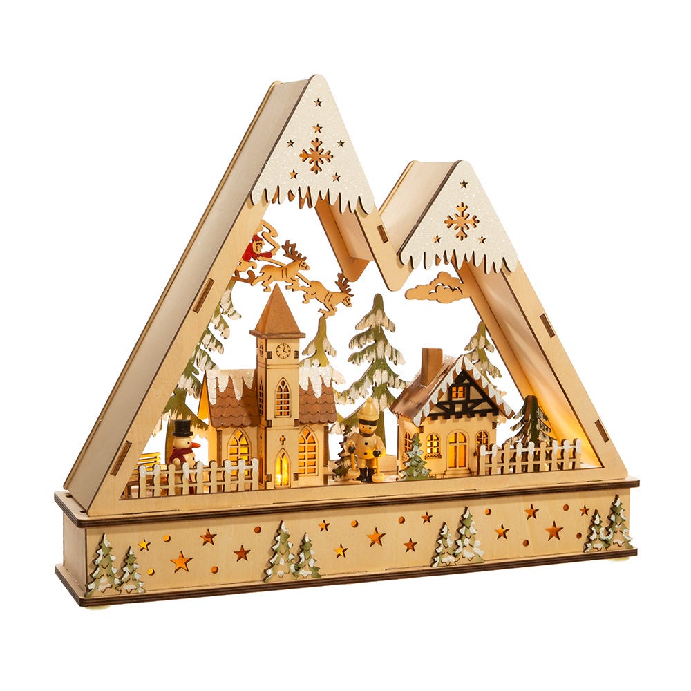 Wooden Light Up Mountain Village with Santa