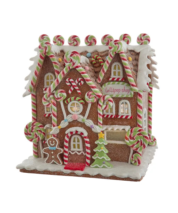8.46" Battery Operated LED Lighted Gingerbread Lollipop Shop