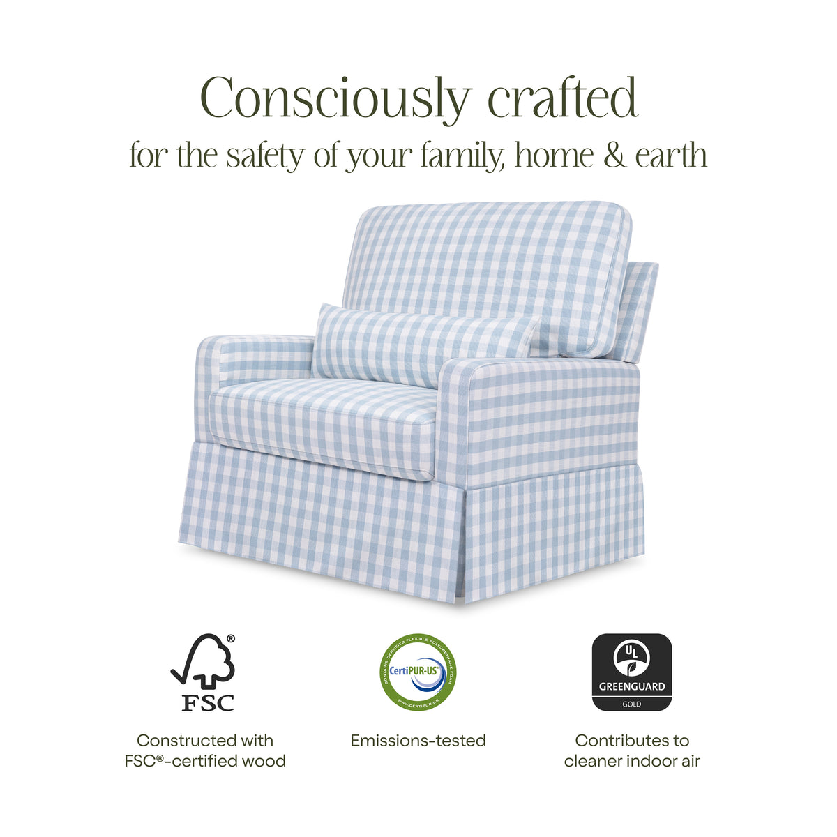 Crawford Pillowback Chair and a Half Comfort Swivel Glider in Blue Gingham
