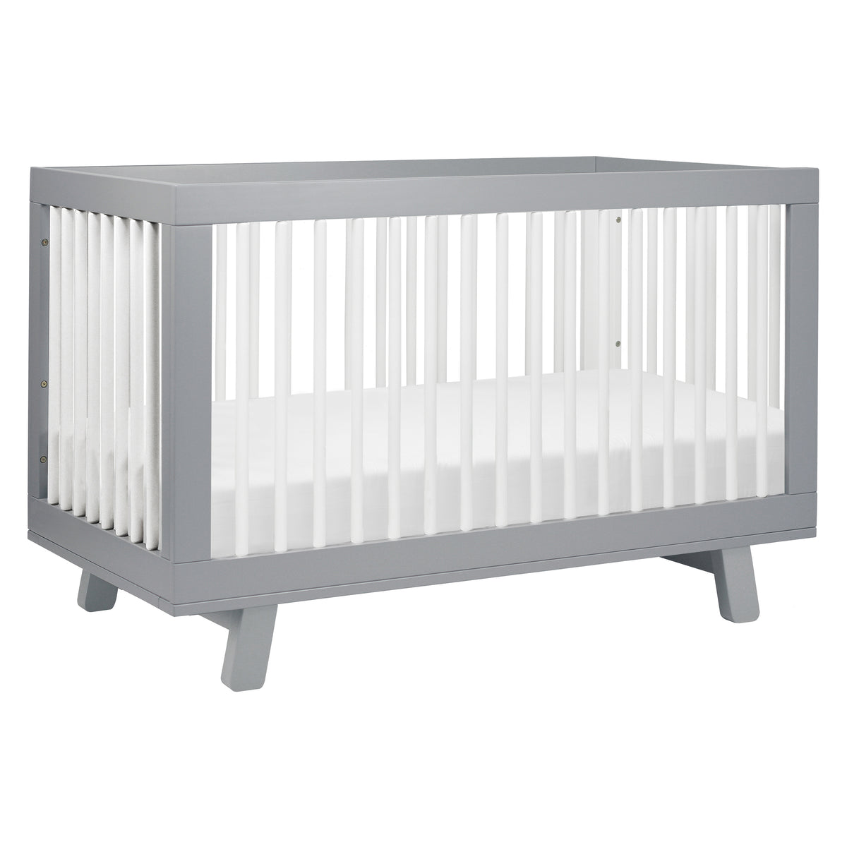 Front three-quarter view of Hudson 3-in-1 convertible crib showcasing grey-and-white slatted sides and tapered feet on white background