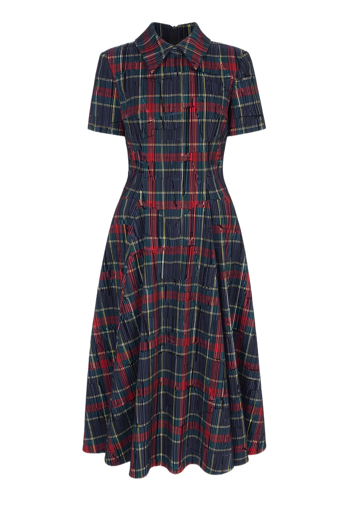 Front view of Jody Dress in Red & Green Flocked Check showcasing short sleeves and A-line midi skirt on white