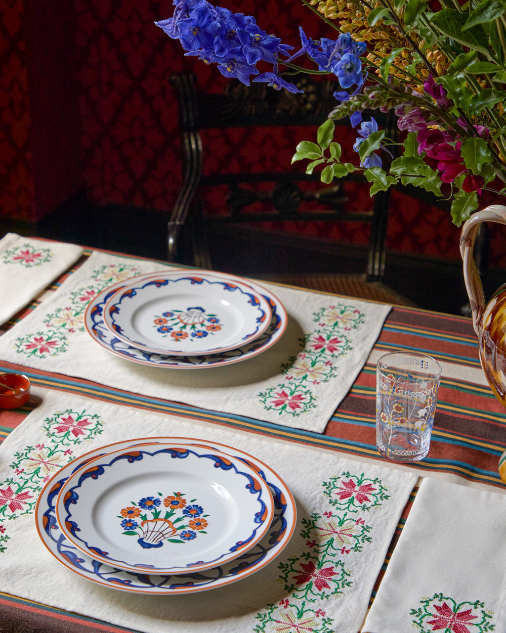 Rohida Embroidered Placemat, Red and White, Set of 2