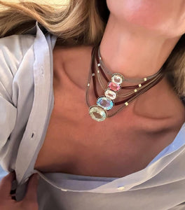 Concave-Cut Green Amethyst Silk Cord Pendant, Rust Cord