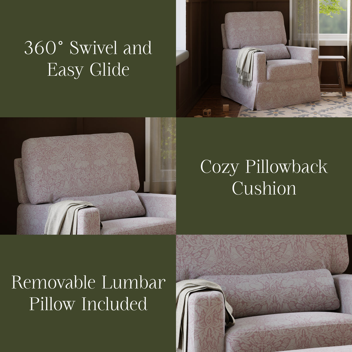 Morris & Co. x Namesake Crawford Pillowback Comfort Swivel Glider Pure Brer Rabbit in Rose