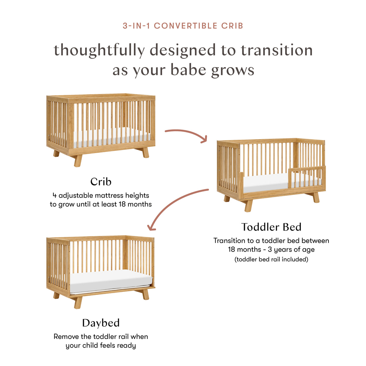 Hudson 3-in-1 Convertible Crib with Toddler Bed Conversion Kit in Honey
