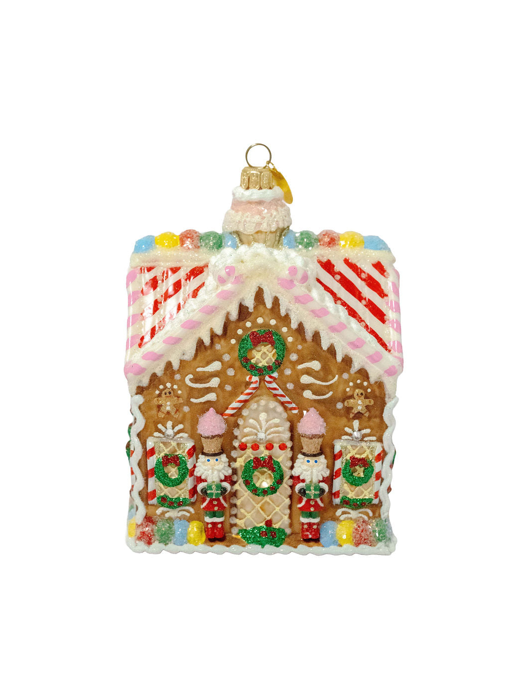 Front of Gingerbread House ornament with glittered trim, candy-colored details, and gold hanging loop on white