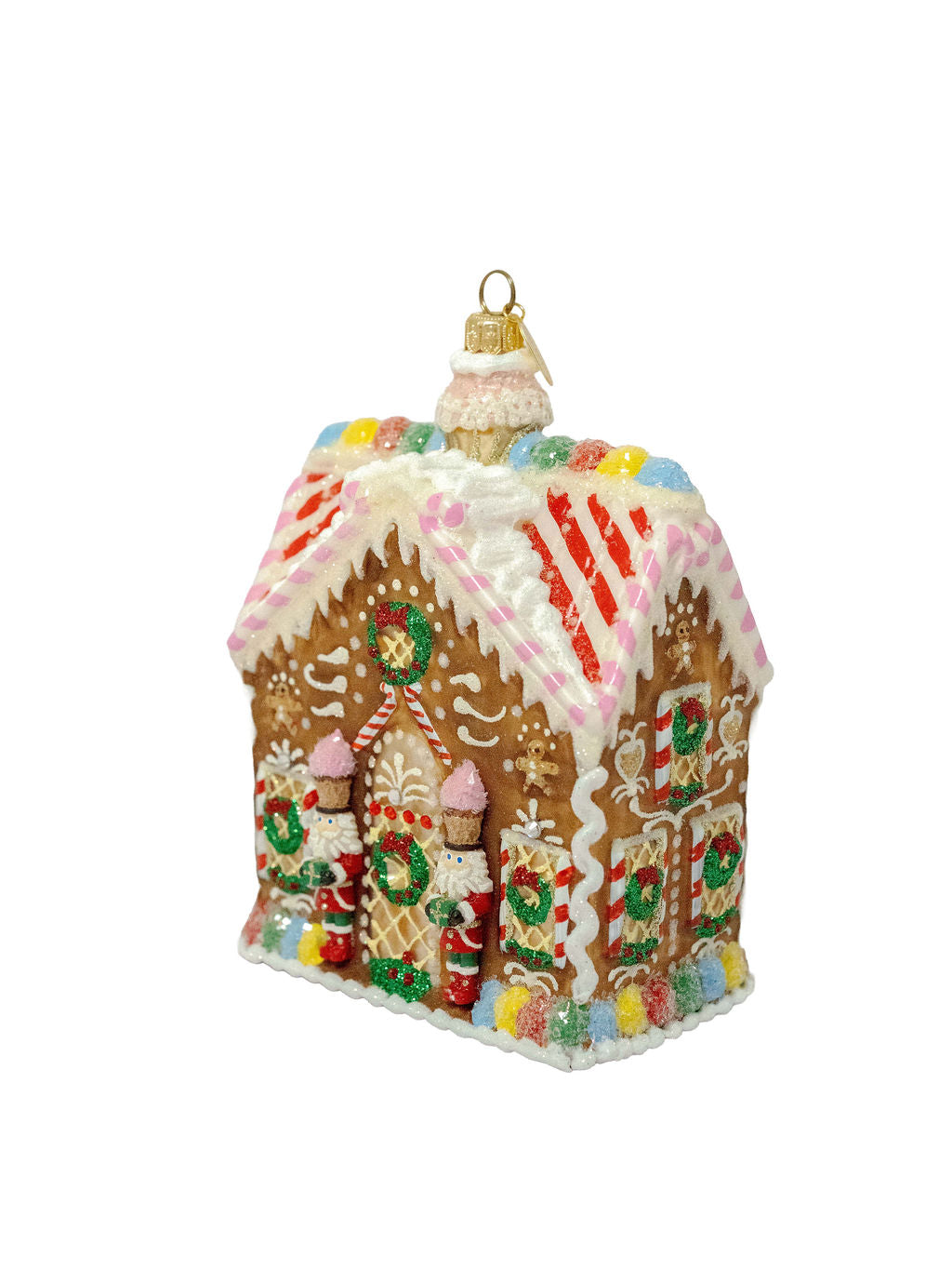 Three-quarter view of Gingerbread House Ornament showcasing hand-painted candy details, glittered icing, and glitter trim on white background