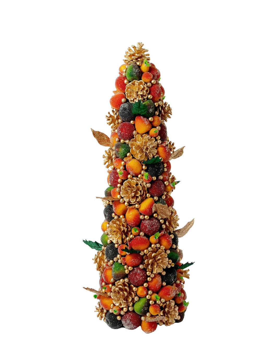 Front view of 24-inch multicolor beaded fruit tree showcasing frosted faux fruit, gold pinecones, and bead accents on a white background