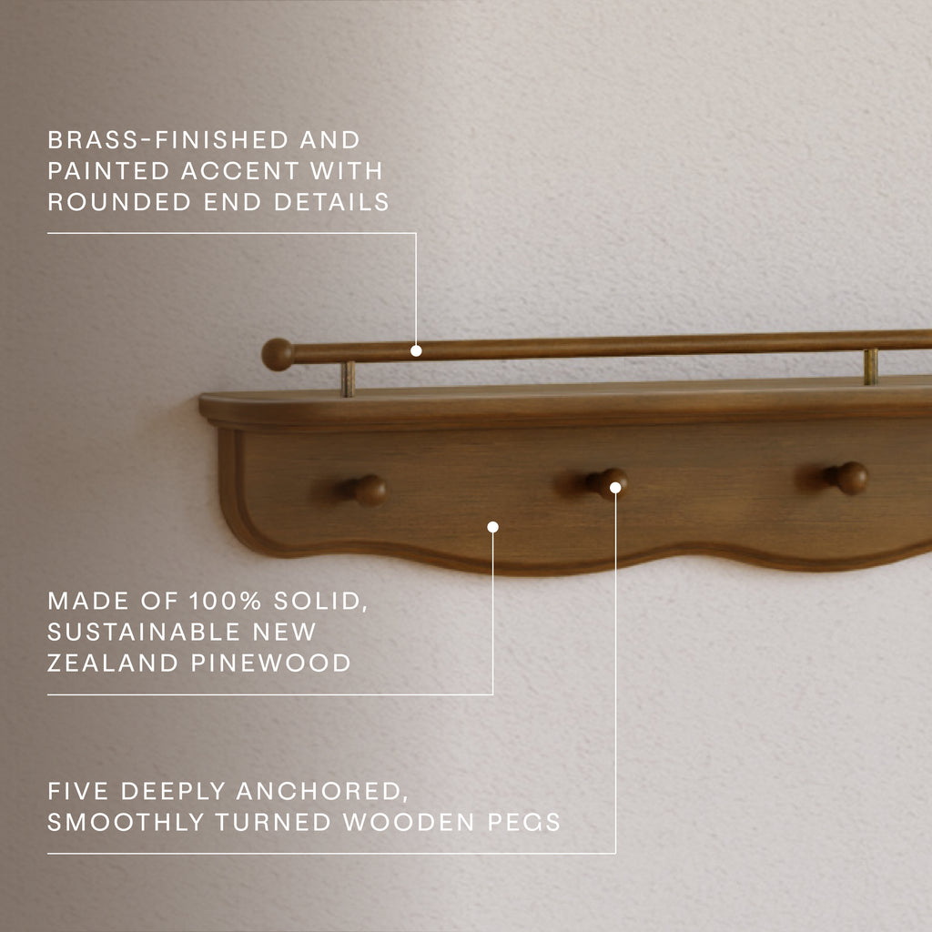 Liberty 31" Wall Shelf with Hooks in Natural Walnut