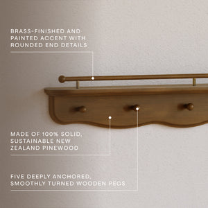 Liberty 31" Wall Shelf with Hooks in Natural Walnut