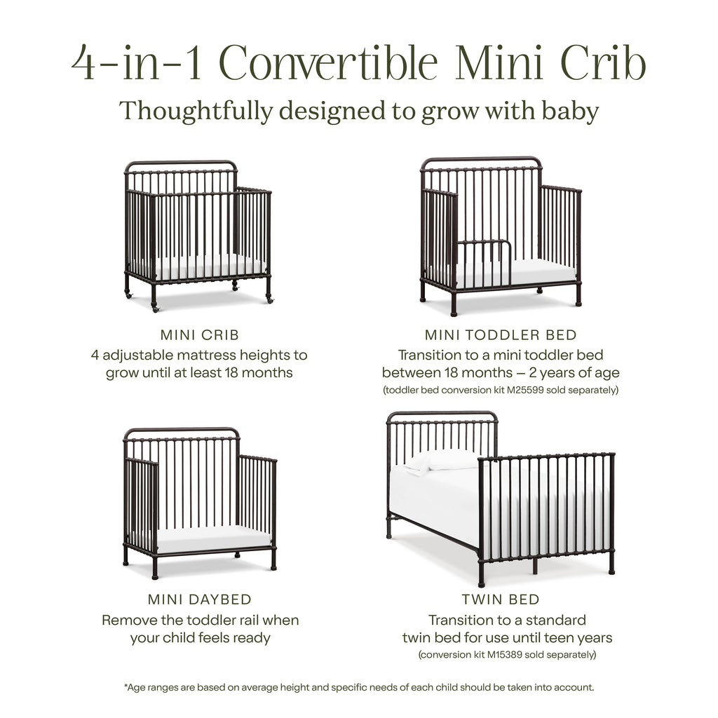 Winston 4-in-1 Convertible Mini Crib in Vintage Iron