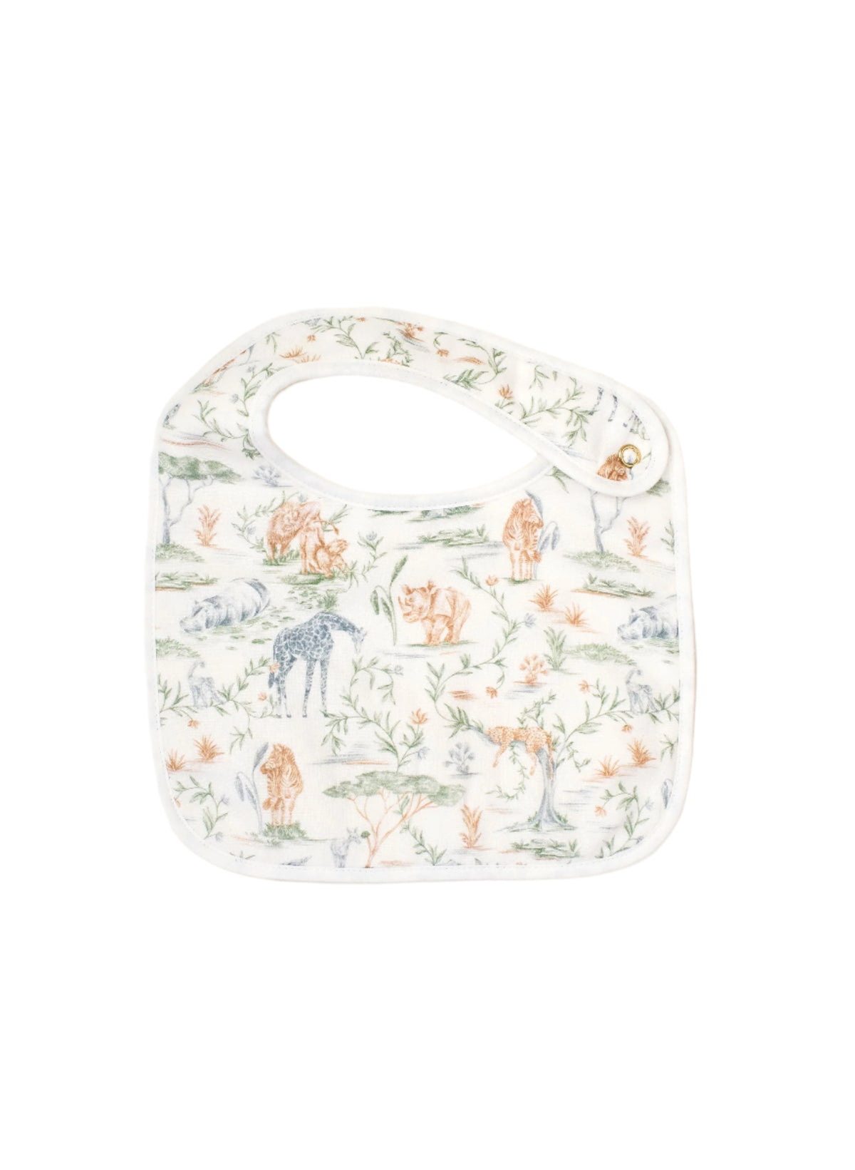 Front view of Sweet Safari Bib showcasing printed safari animal design and snap closure against white background