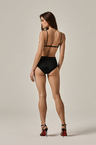 silk soft bra in color black with hook claps on back and thin straps back view