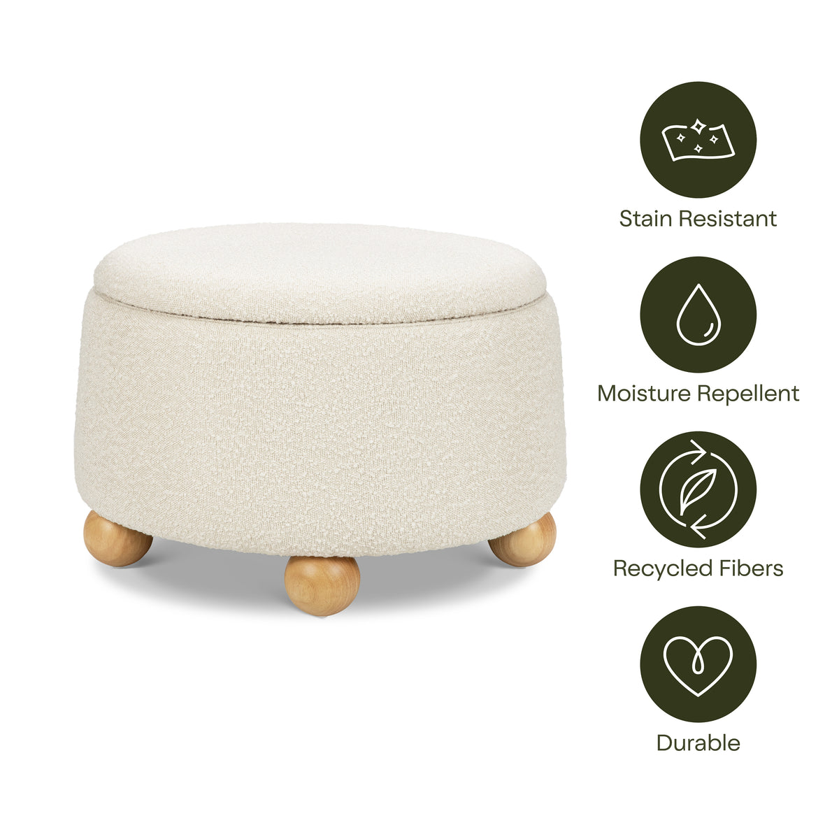 Tuffet Storage Ottoman in Performance Ivory Boucle with Honey Ball Feet