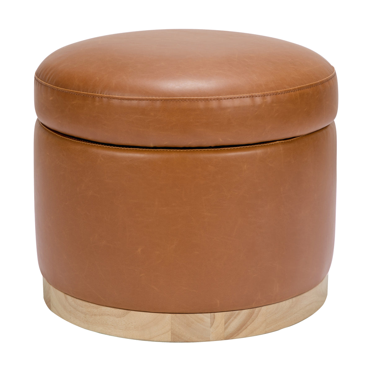 Close-up front view of Naka Storage Ottoman showcasing vegan tan leather upholstery and light wood base on white background