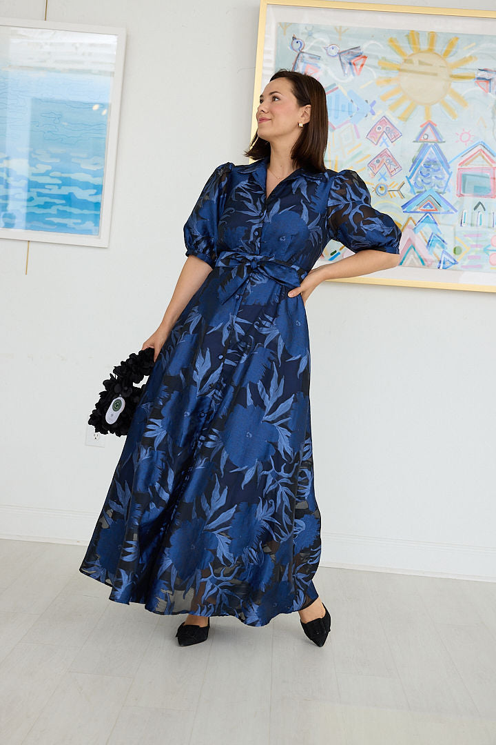 Charlotte Gown in Royal Blue Pansy Vine Organza