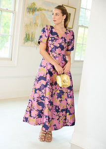 Arden Gown in Navy Abstract Brocade