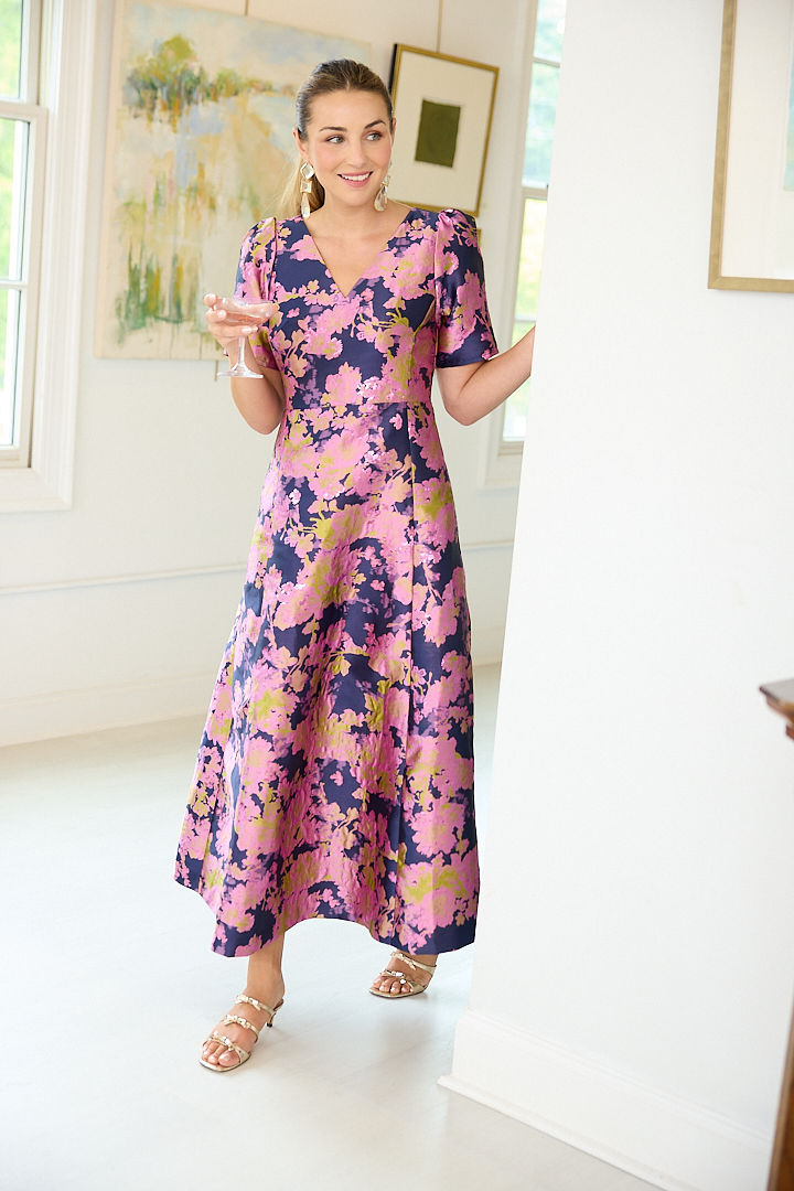 Arden Gown in Navy Abstract Brocade