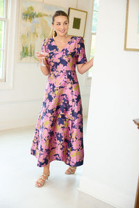 Arden Gown in Navy Abstract Brocade