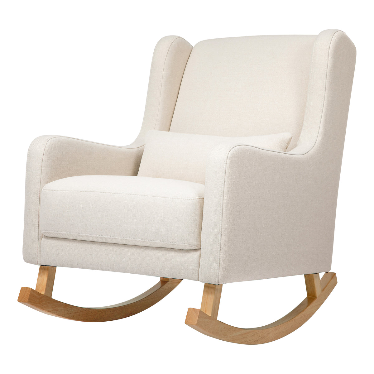 Three-quarter view of Kai Rocker rocking chair showcasing cream eco-performance fabric upholstery and natural wood rockers on white background