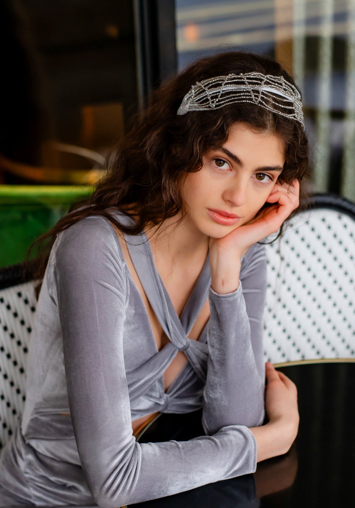 Beaded Lace Headband in Gray