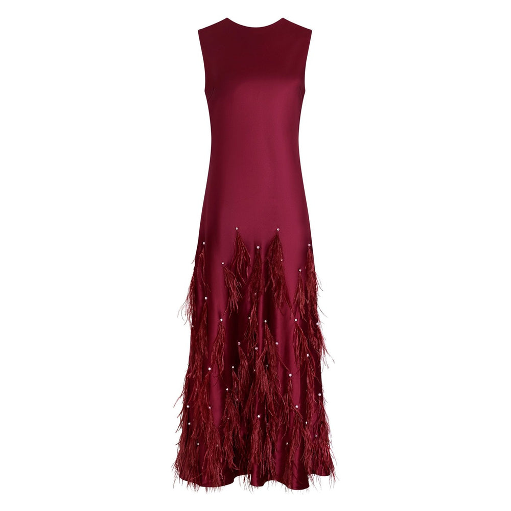 Front view of Laney Feather Dress in Pinot with crew neckline, bias cut, and feather and pearl detailing on white background