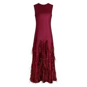 Front view of Laney Feather Dress in Pinot with crew neckline, bias cut, and feather and pearl detailing on white background