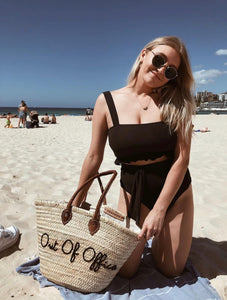 Personalized  Out Of Office straw beach tote with long handles - Poolside Bags