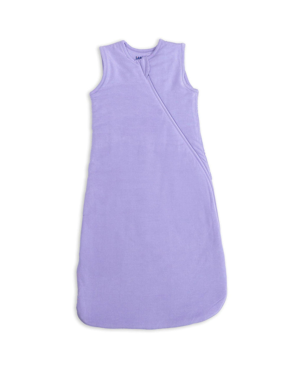 Flat lay of Lavender Bamboo sleep sack showcasing sleeveless design and diagonal front zipper on white background