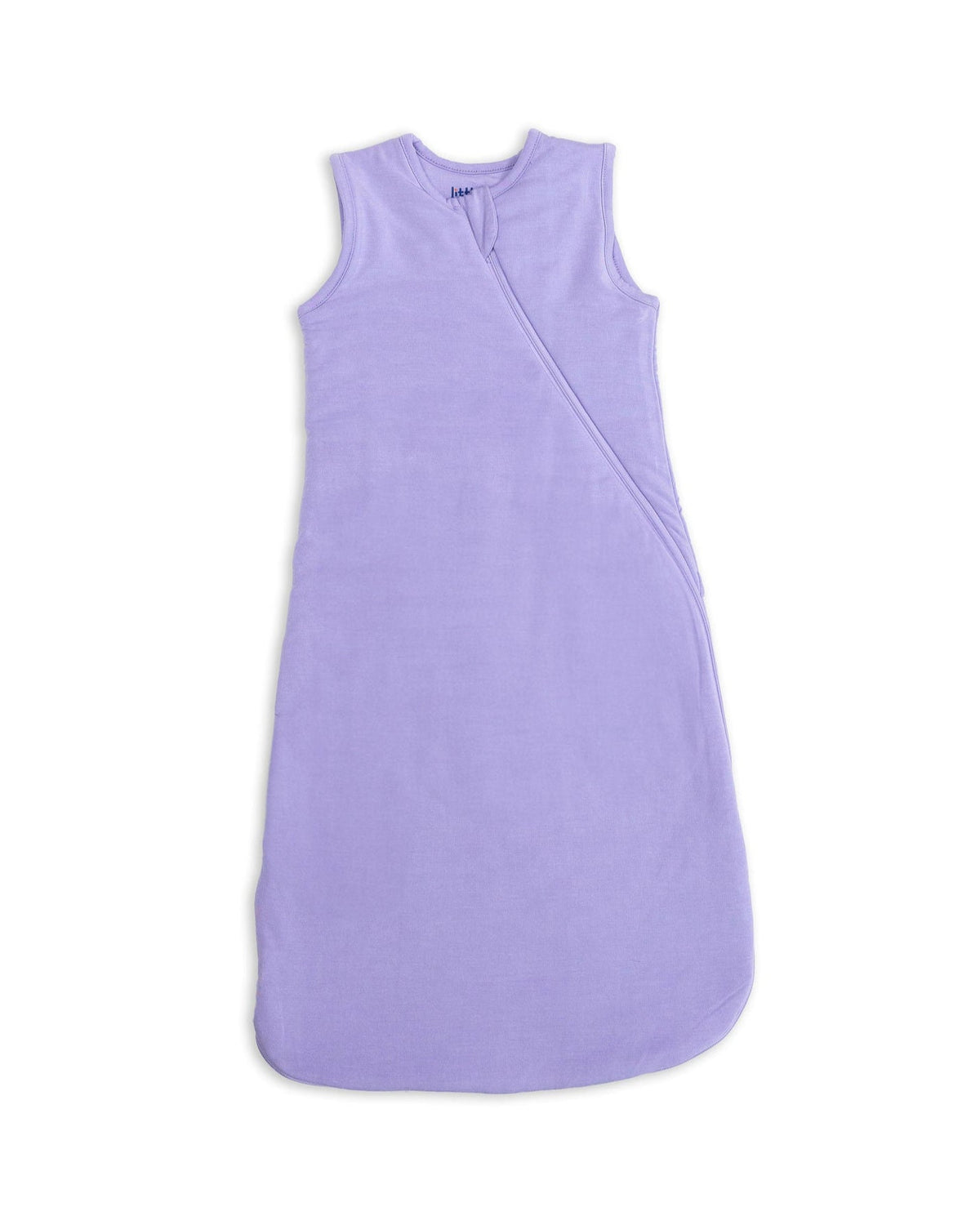 Flat lay of Lavender Bamboo sleep sack showcasing sleeveless design and diagonal front zipper on white background