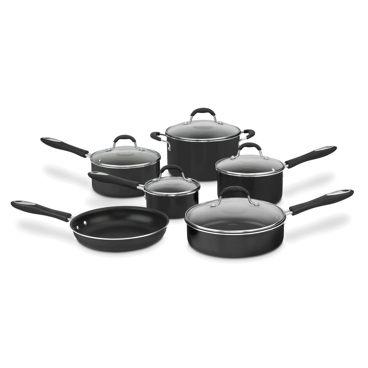 Front view of Advantage 11 Piece Nonstick Cookware Set in Black showcasing glass lids and black handles on white background
