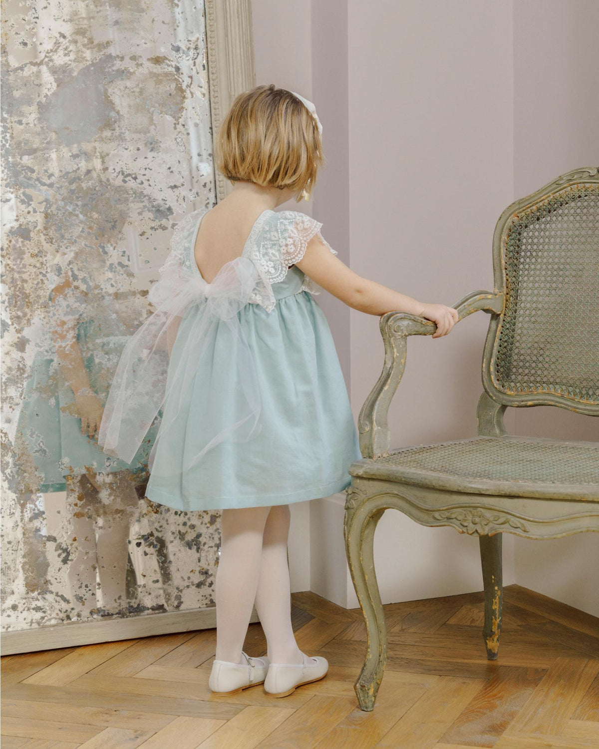 Lea - Flower girl  Dress Green linen and V-shaped back