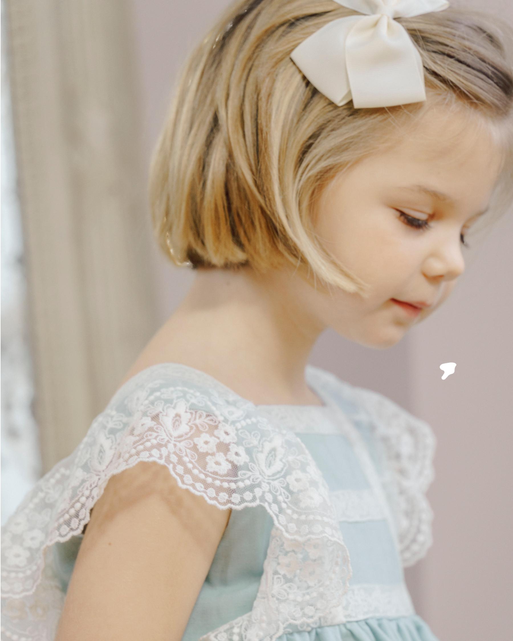 Lea - Flower girl Dress Green linen with lace embellishments on the shoulders