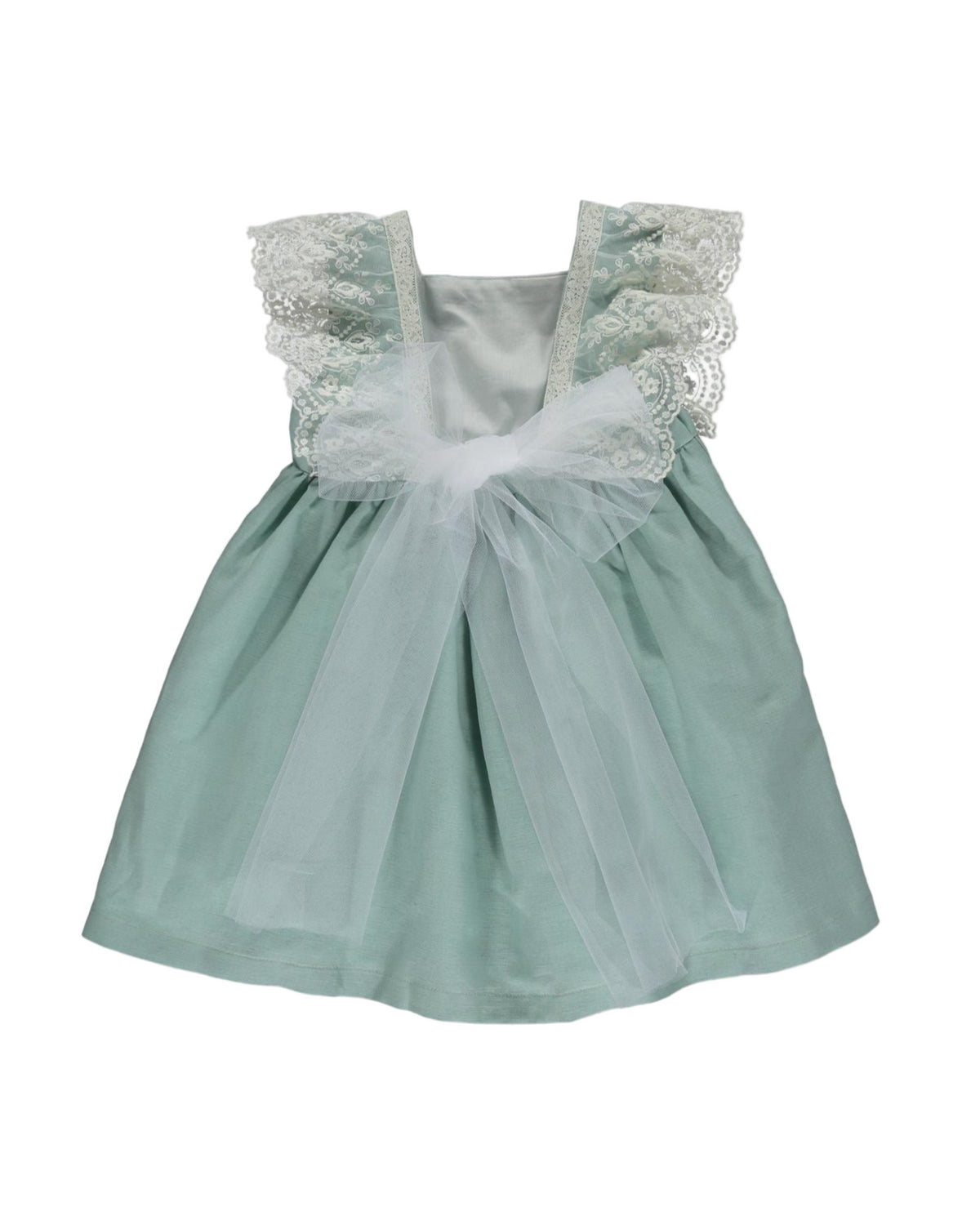 Lea - Flower girl Dress Green linen with back hand-tied bow at the back