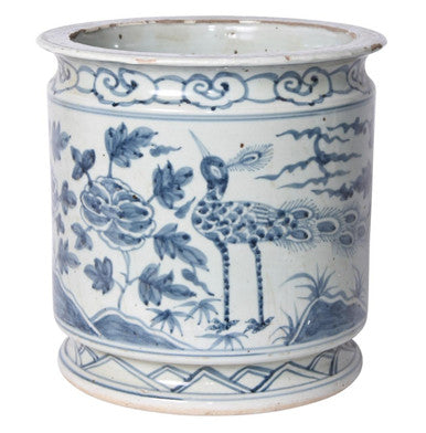 Blue and White Orchid Pot Bird Motif