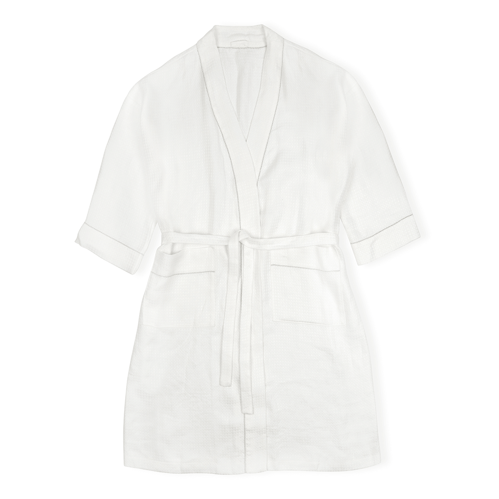 Liège Robe in Ivory White Waffle with Parma Grey Hemstitch