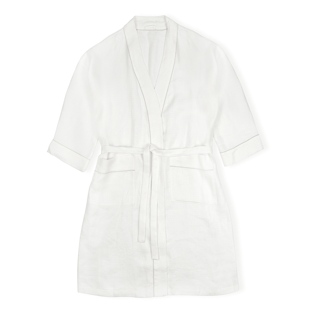 Liège Robe in Ivory White Waffle with Parma Grey Hemstitch