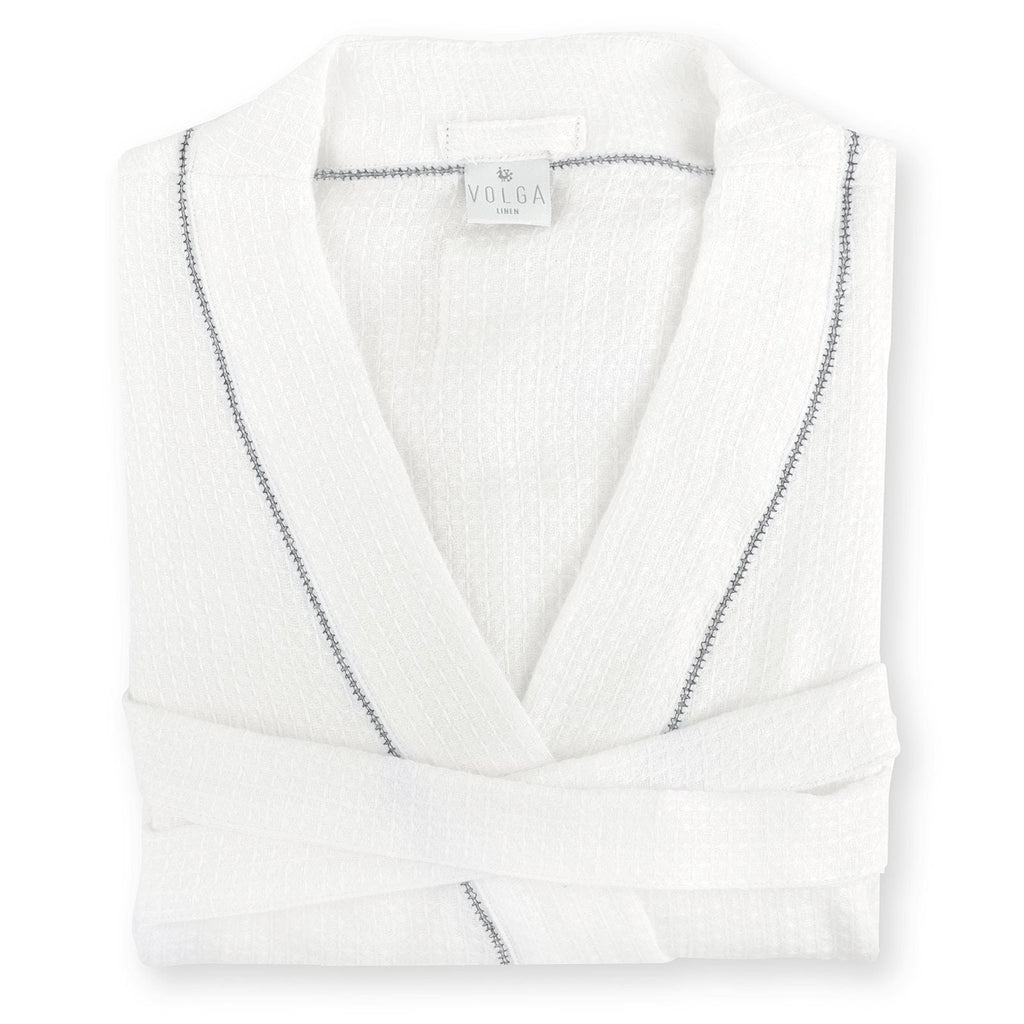 Liège Robe in Ivory White Waffle with Indigo Hemstitch