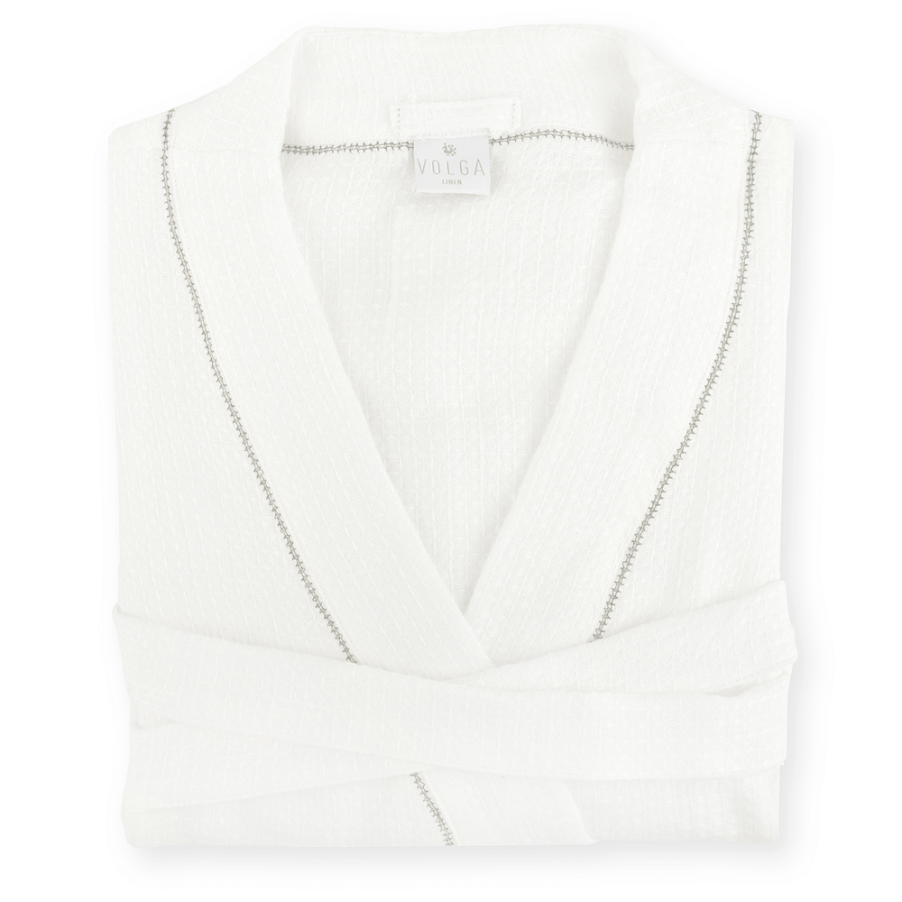 Liège Robe in Ivory White waffle with Olive Hemstitch