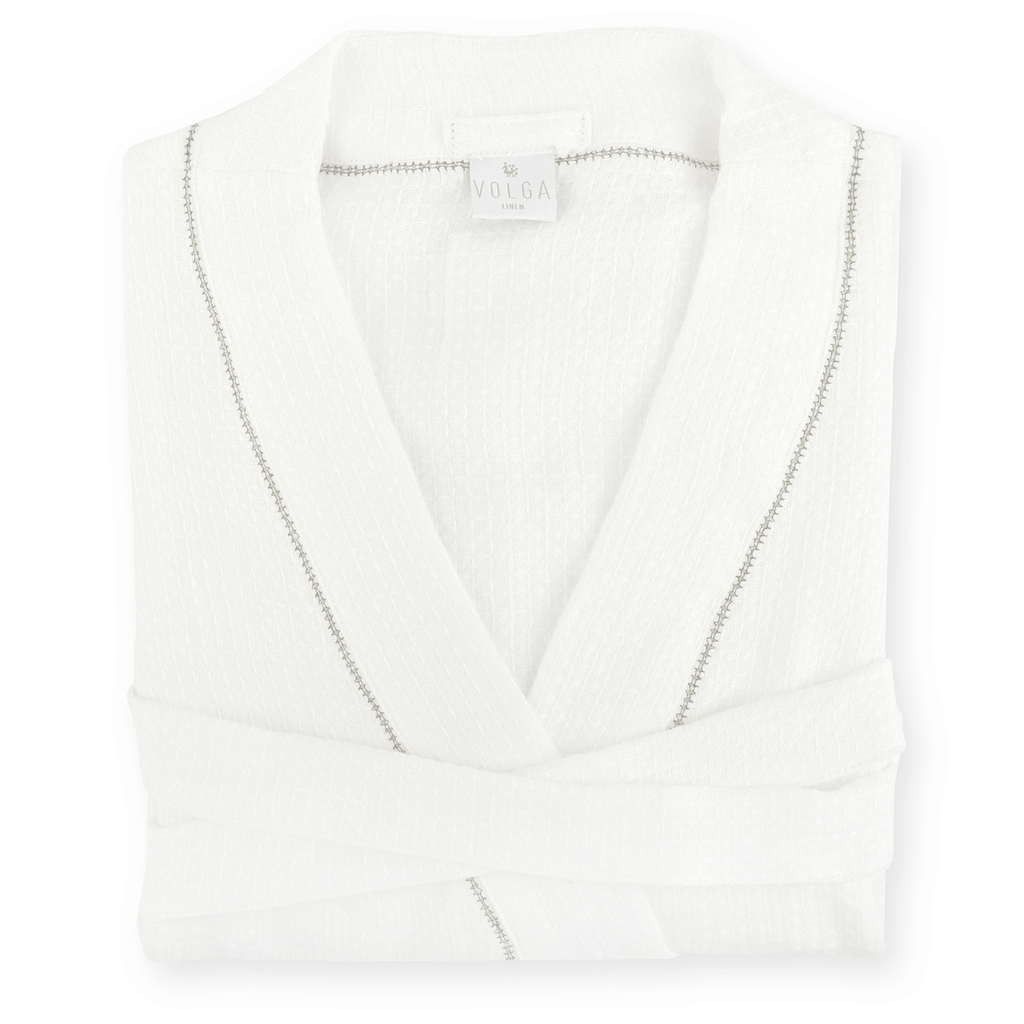 Liège Robe in Ivory White waffle with Olive Hemstitch