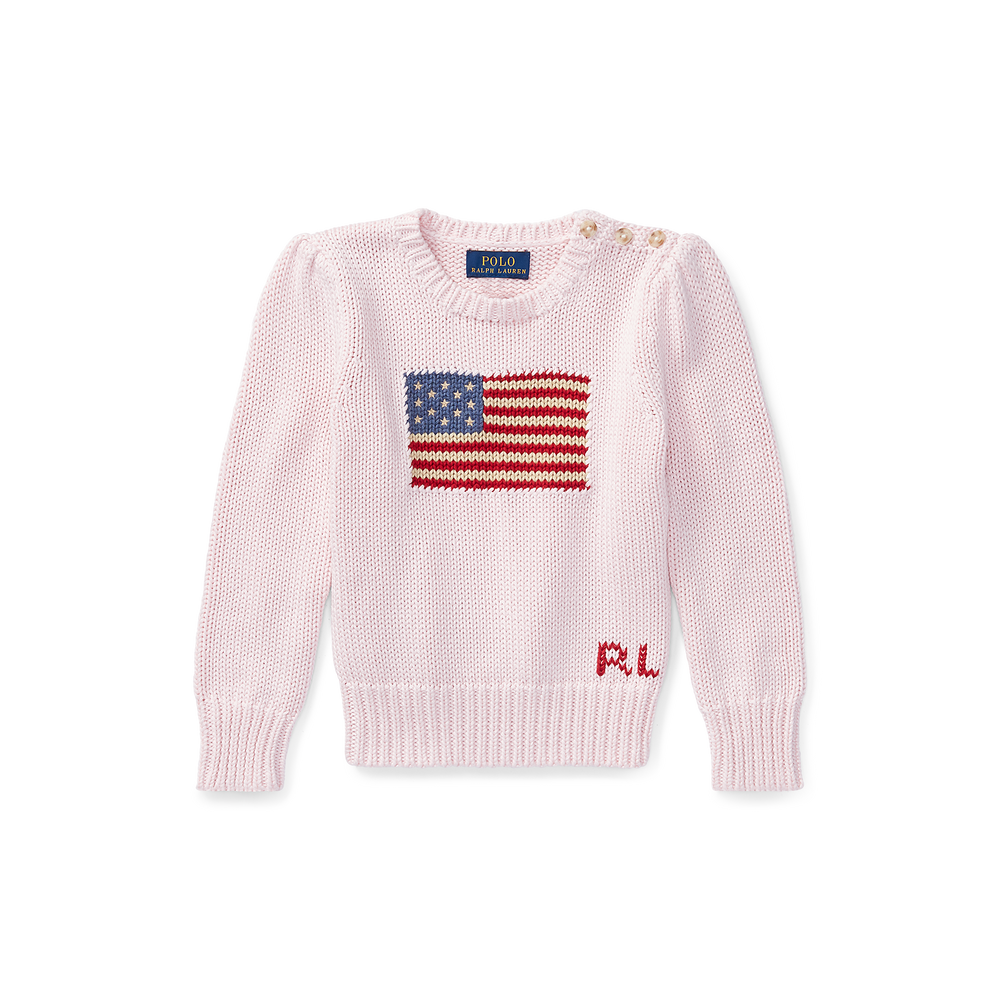 Front view of Flag Cotton Crewneck Sweater in Pink showcasing an intarsia-knit American Flag on a black background