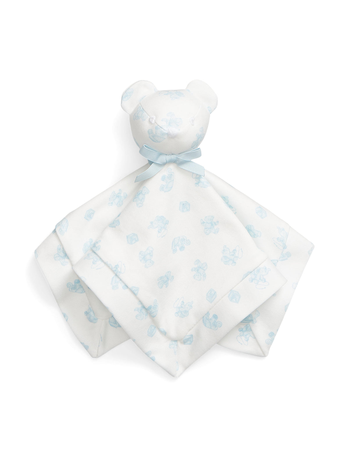 Top view of Organic Cotton Interlock Bear Lovey Blanket showcasing grosgrain bow and printed blanket on white background