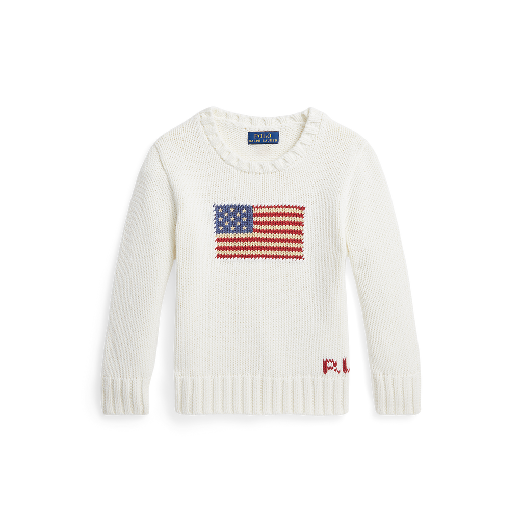 Flag Cotton Crewneck Sweater in White